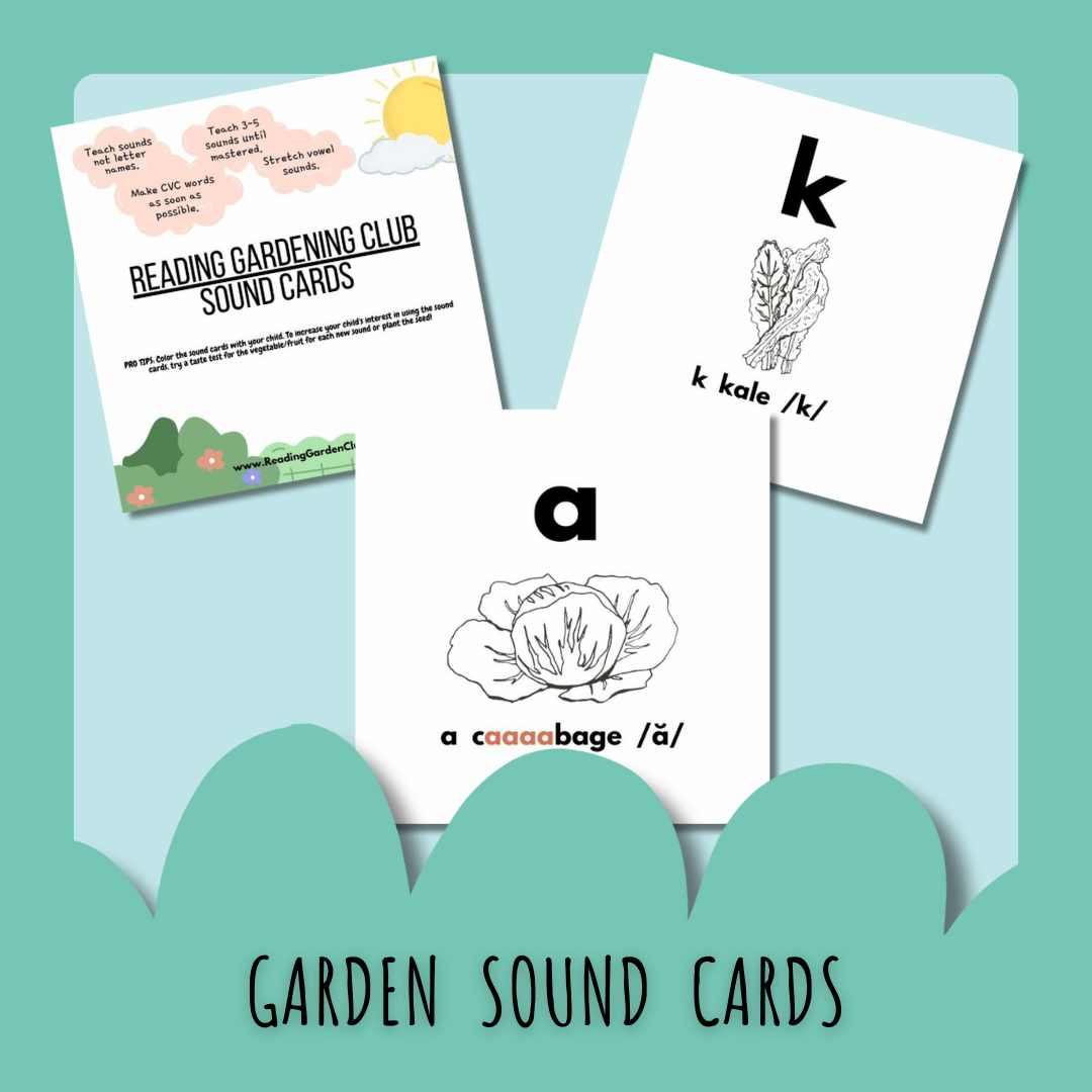 Alphabet sound cards with garden-theme, coloring printables