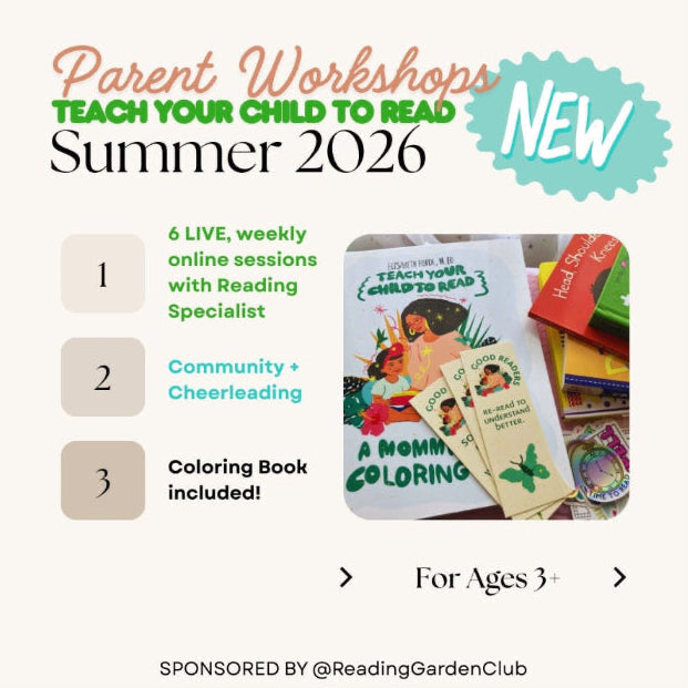 Advertisement for 'Teach Your Child to Read' workshops with books and coloring book on a white background.