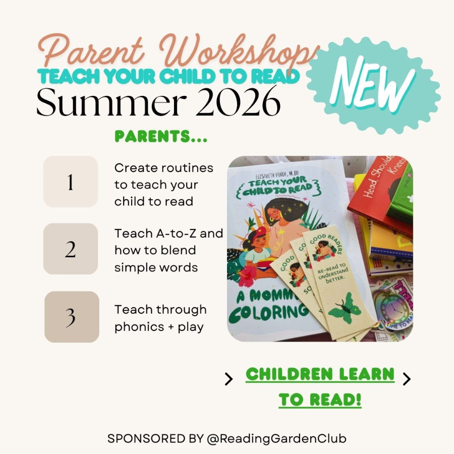 Advertisement for a parent workshop to teach children to read, featuring books and educational materials.