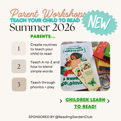 Advertisement for a parent workshop to teach children to read, featuring books and educational materials.