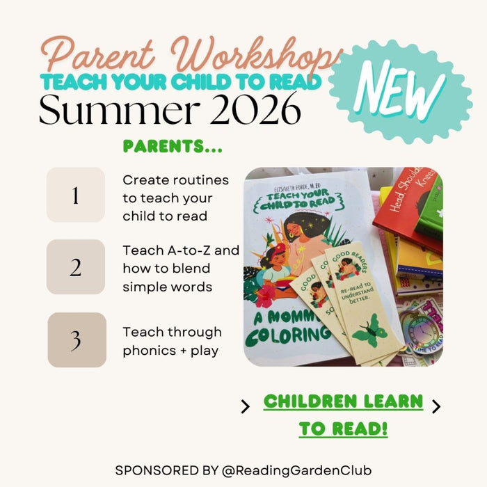 Advertisement for a parent workshop to teach children to read, featuring books and educational materials.