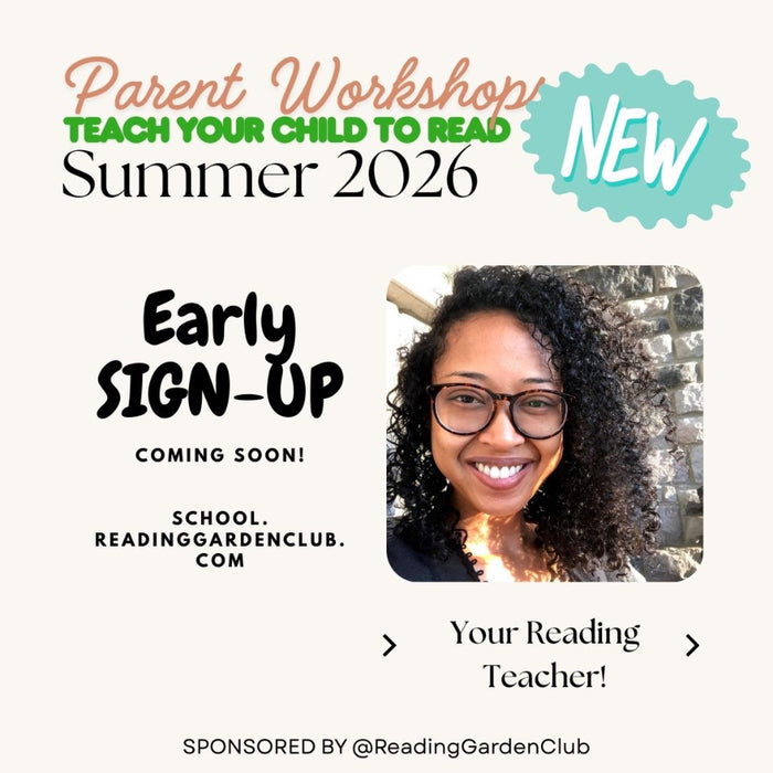 Advertisement for a parent workshop to teach children to read, featuring a woman with glasses and text about early sign-up and sponsorship by @ReadingGardenClub.